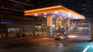 Official Test Drive Unlimited Solar Crown screenshot showing a silver sports car under the lights of a petrol station at night in Hong Kong