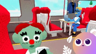 An eerie child stares at the player as they travel together on a train, while a businessman works in the background.