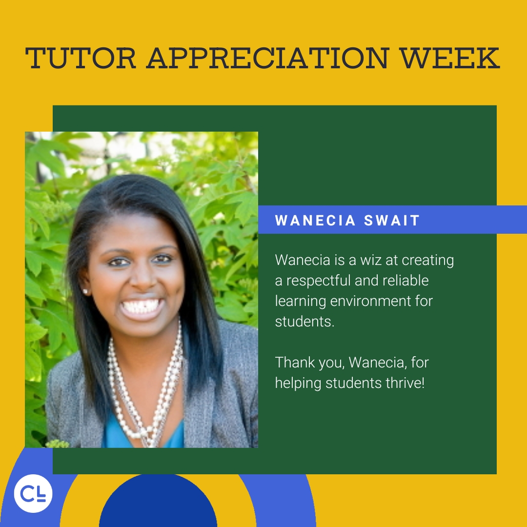 Yellow and Green image that reads on the top Tutor Appreciation Week. In a blue rectangle, reads Nicole Moeckel. On the left side, there is a photo of a woman wearing a pearl necklace smiling.