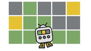 Wordlebot, represented as a bipedal cartoon robot, stands in front of a Wordle puzzle.