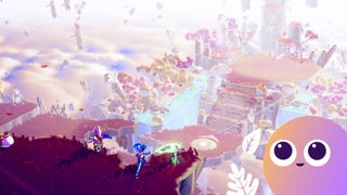 Screenshot from Windblow, featuring a pink and purple wild land, with the Wishlisted logo in the bottom right corner.