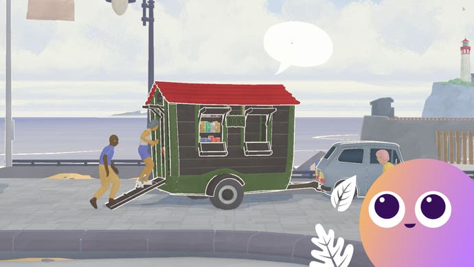 A person walks into a caravan bookshop by the sea in Tiny Bookshop, with the Eurogamer Wishlisted logo in the bottom right corner of the image.