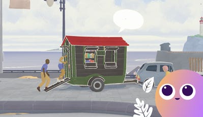 A person walks into a caravan bookshop by the sea in Tiny Bookshop, with the Eurogamer Wishlisted logo in the bottom right corner of the image.