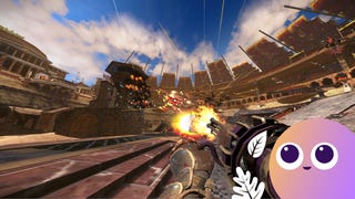 A first-person view of a guy firing a big silly gun at robot enemies in a huge high tech Roman arena, with Gamer Network's Wishlisted logo on the bottom right