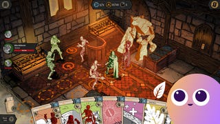 An indoor chapel fight in Knights In Tight Spaces, with groups of colourful characters on a grid-based map punching each other, cards along the bottom, and the Wishlisted logo on the right