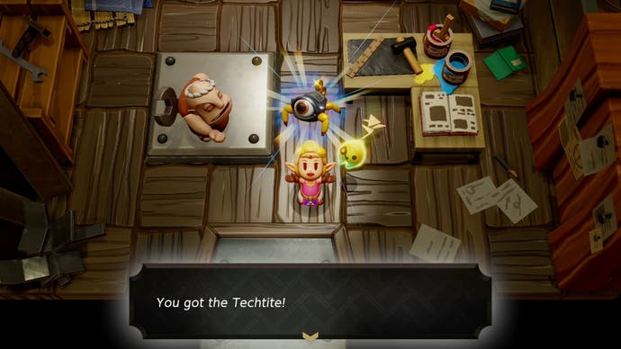 Zelda preseting the Tectite Automaton above her head in Zelda Echoes of Wisdom.