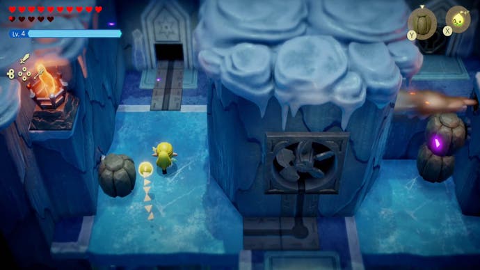 zelda echoes of wisdom lanayru temple blocking ice blast on left side of room with boulder