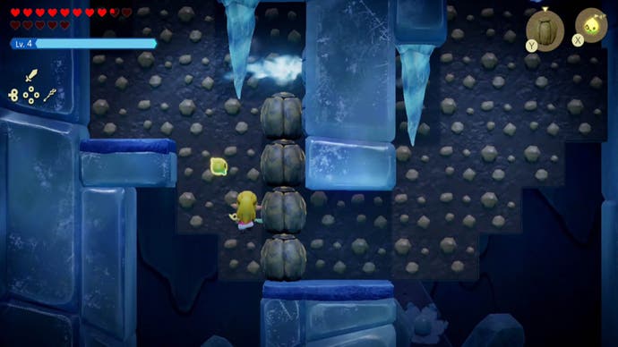 zelda echoes of wisdom lanayru temple blocking ice blasts with four boulders on climbable wall