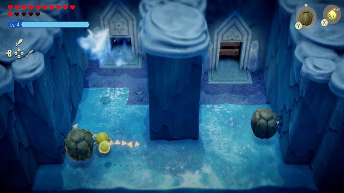 zelda echoes of wisdom lanayru temple blocking two ice blasts with boulders