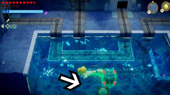 zelda echoes of wisdom lanayru temple using boulder to weigh down underwater switch