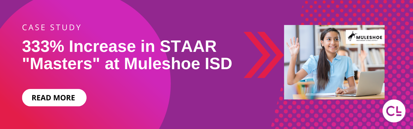 This banner advertises a case study of Muleshoe ISD in Muleshoe, Texas, where the school saw a 333% increase in STAAR scores after using the Texas Math Solution.