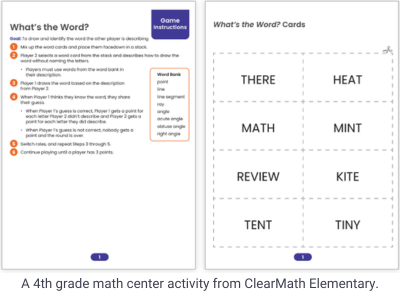 This image shows two pages to help 4th grade students play a game at a math center. In this math center students will use vocabular words about lines and angles to tell other students at the math learning station how to write mystery words.