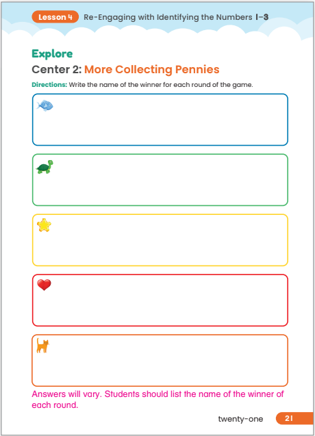 A worksheet for kindergarten math centers shows how to differentiate counting and writing the numbers 1 through 3. At this math learning center students play a game that involves counting handfuls of pennies.