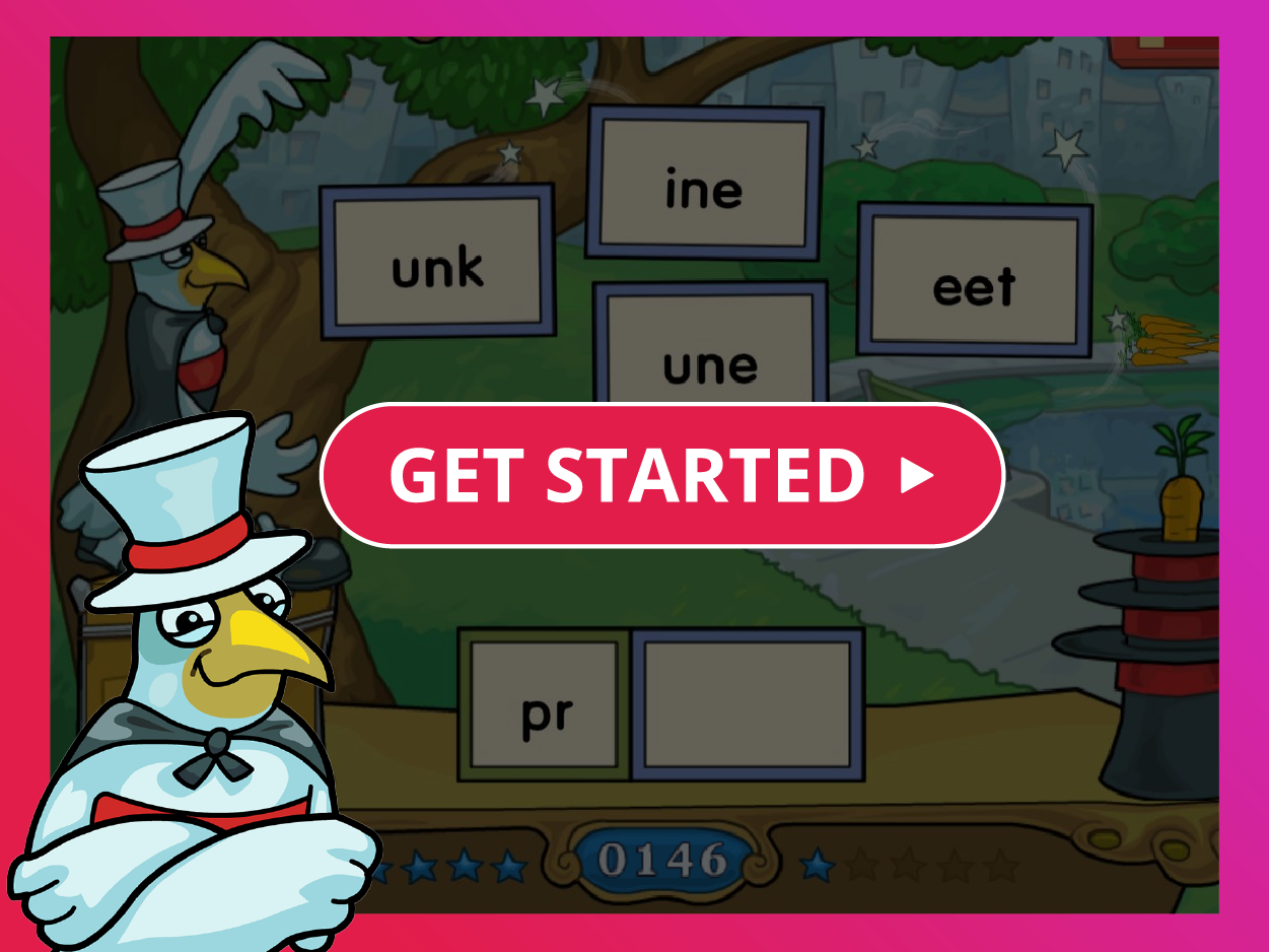 A screenshot of Fast ForWord exercise Magic Bird, which simultaneously builds reading skills and the cognitive skill of graphophonemic sequencing, with a button that says 