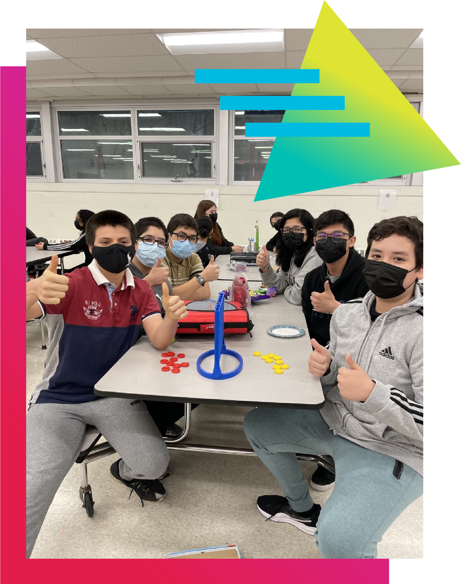 Jeremias with his classmates at Edith Smith Middle School sitting at a cafeteria table looking at the camera with their thumbs up