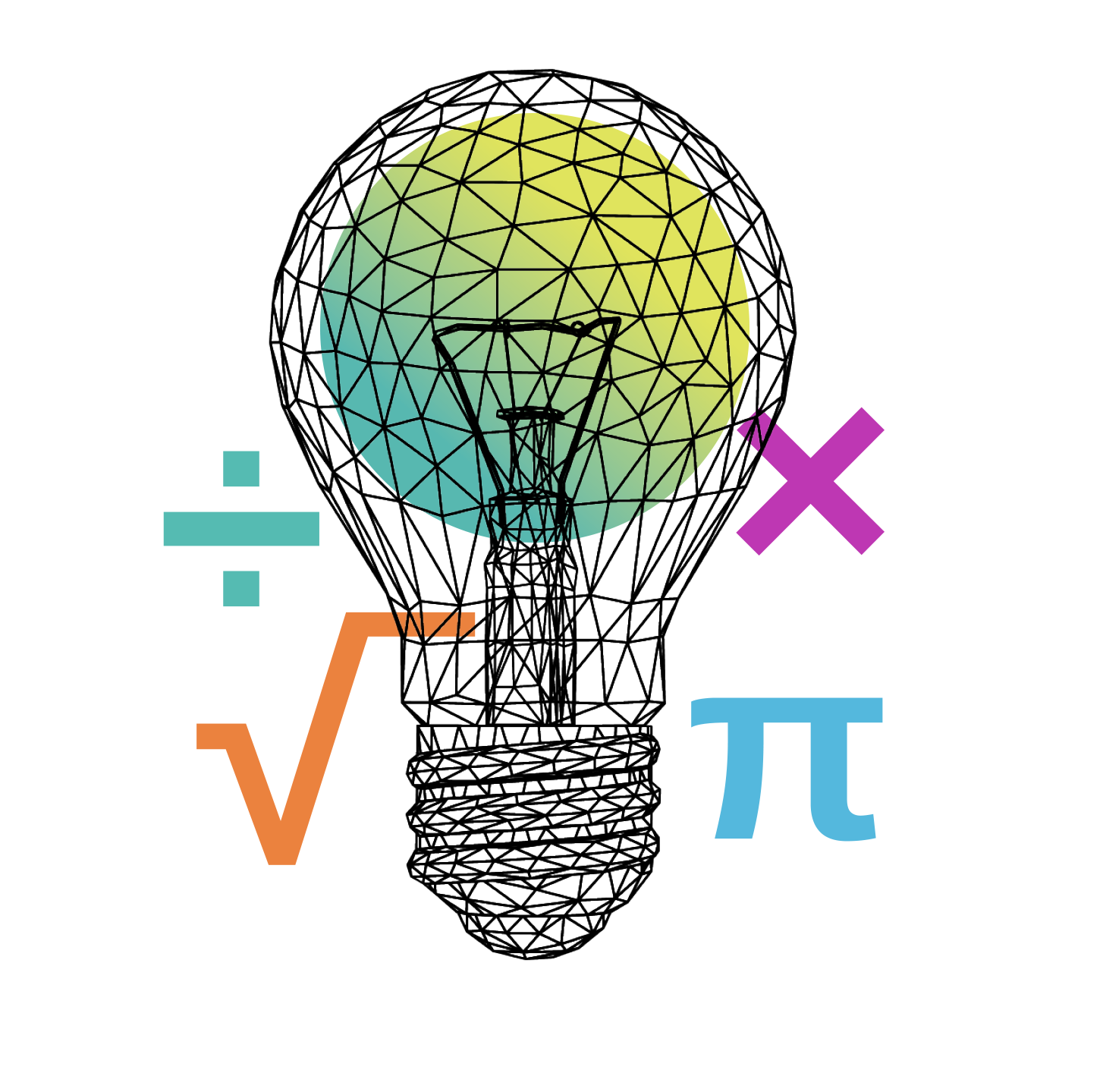 lightbulb with a green bulb and math symbols around it