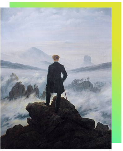 A painting of a man staring at a mist-covered field