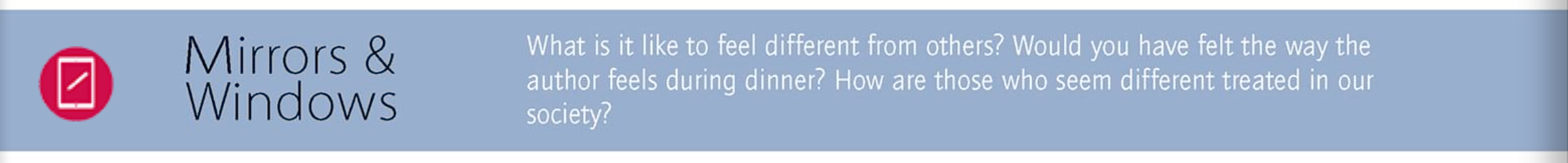 Mirrors & Windows What is it like to feel different from others? Would you have felt the way the author feels during dinner? How are those who seem different treated in our society?