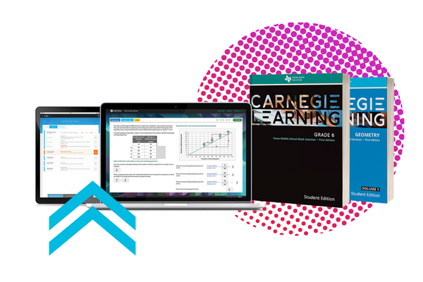 The Carnegie Learning Texas Math Solution textbooks and software on a laptop and a tablet.