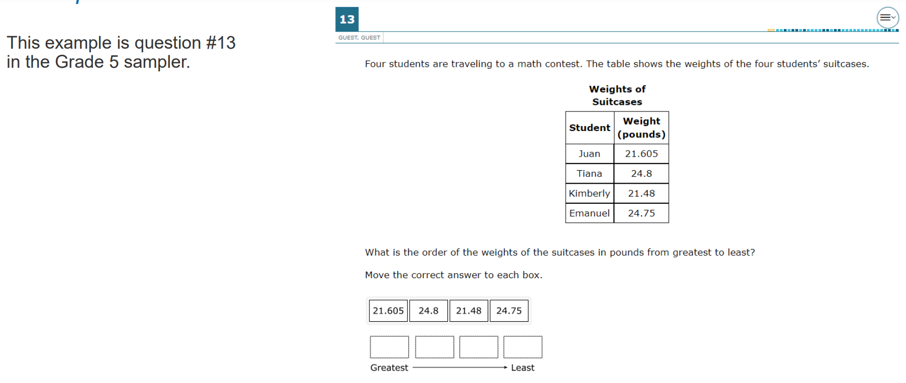 Texas STAAR redesign Drag & Drop sample problem